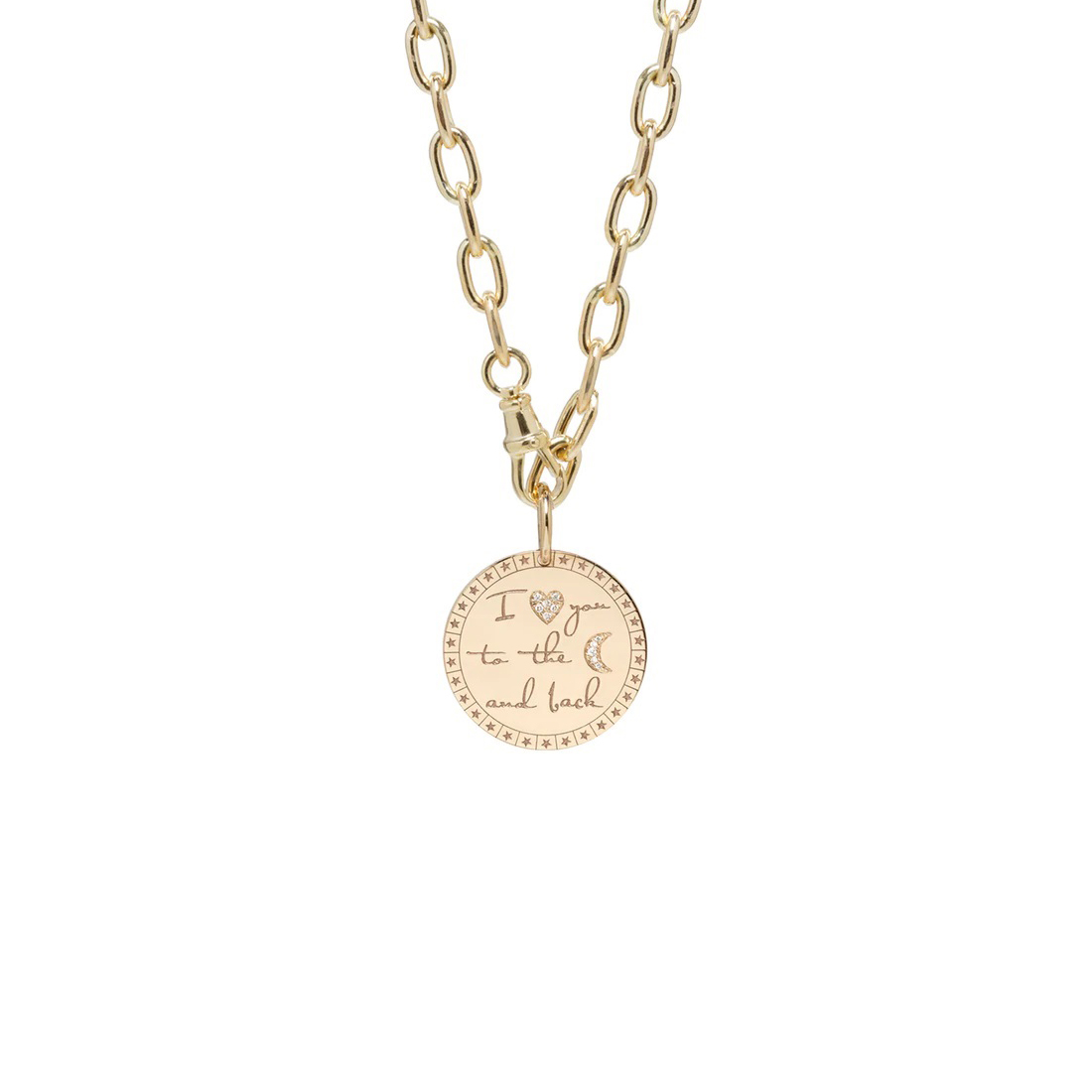 Zoe Chicco 14k Yellow Gold Round Disc Pendant with Diamond Pave Heart and Moon "I Love You to the Moon and Back"