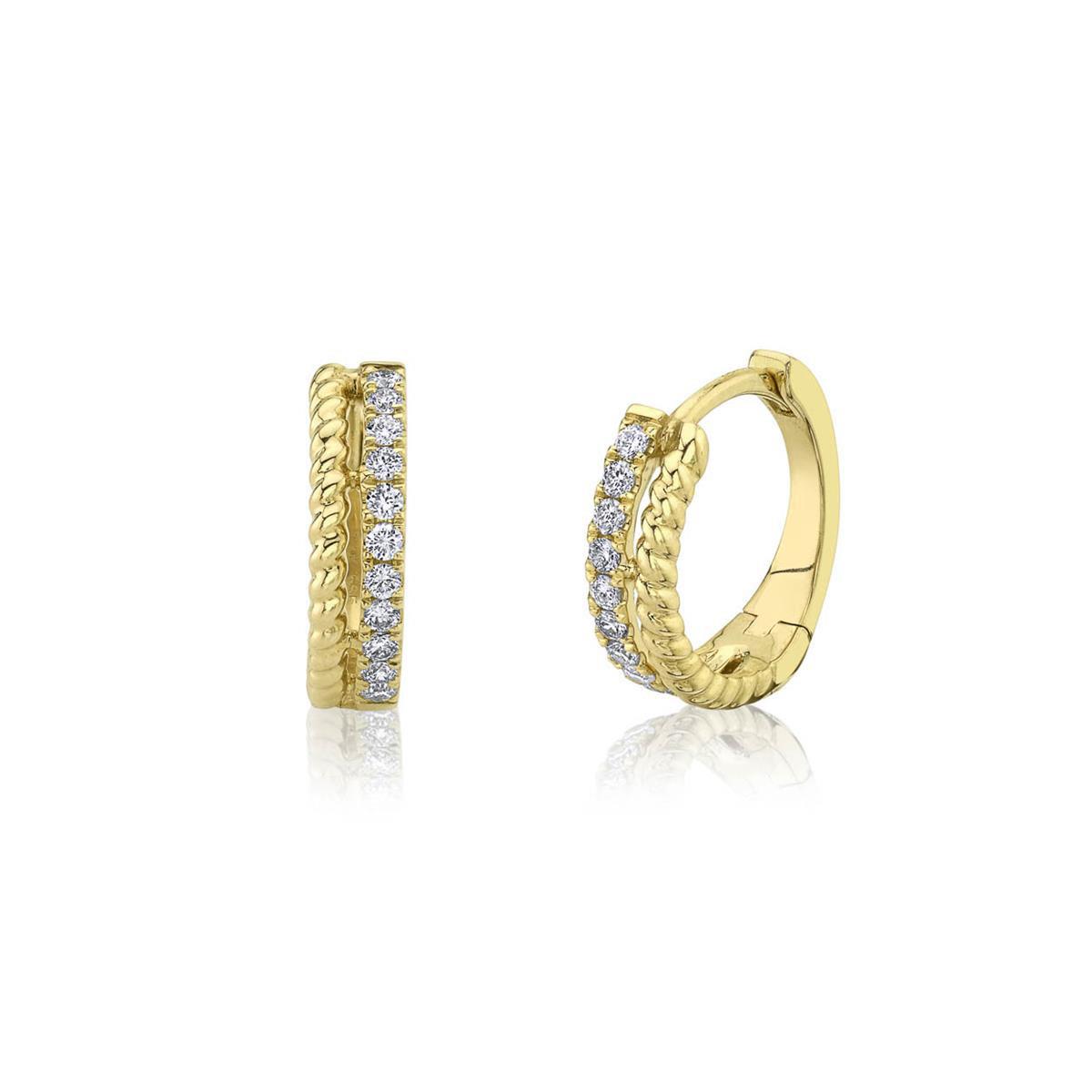 London Collection 14k Yellow Gold Double Row Diamond Twist Huggie Earrings