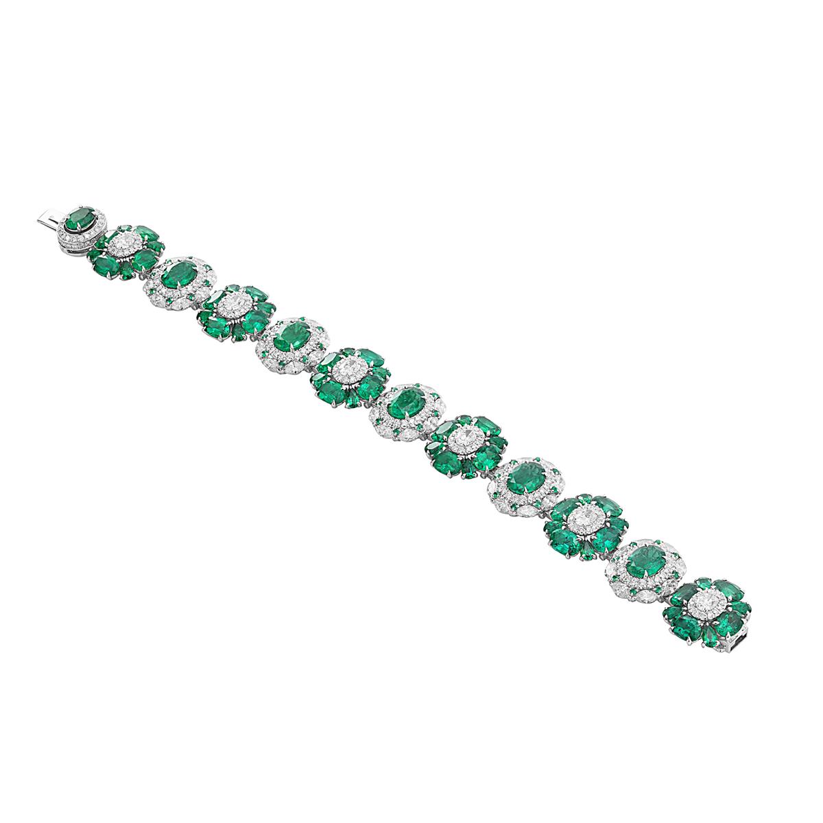 London Collection 18k White Gold Emerald and Diamond Flower Station Bracelet