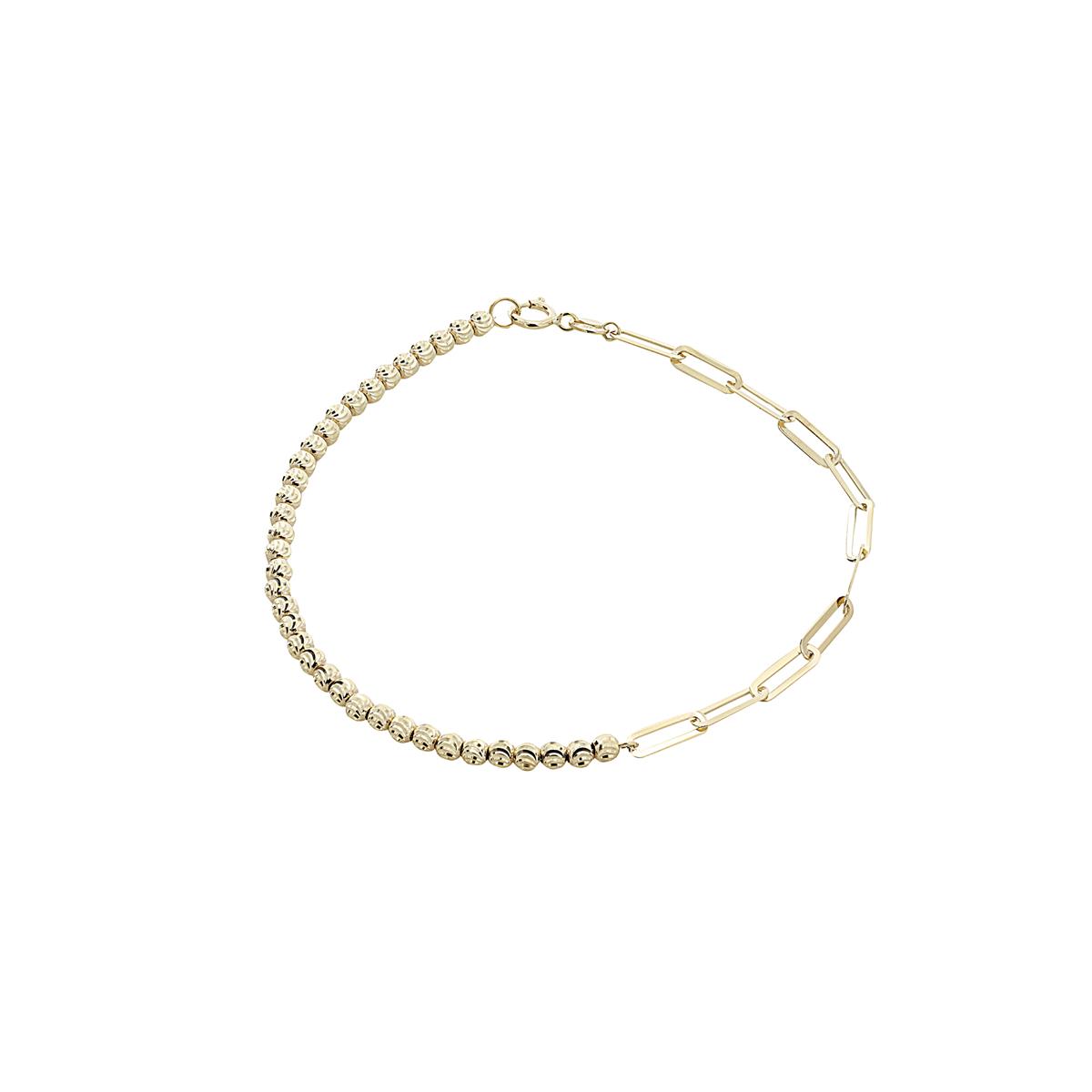 London Collection 14k Yellow Gold Half Paperclip Chain Half Bead Bracelet