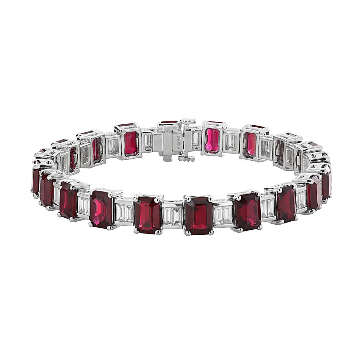 London Collection 18k White Gold Emerald Cut Ruby and Diamond Alternating Tennis Bracelet