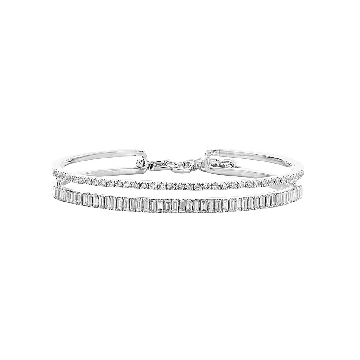 London Collection 18k White Gold Double Row Round and Baguette Diamond Bangle Bracelet