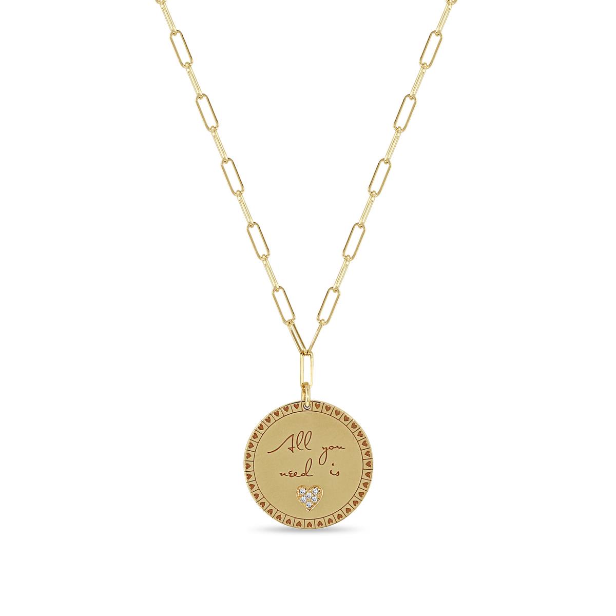 Zoe Chicco 14k Yellow Gold Round Disc Pendant with diamond pave heart "All You Need Is Love"