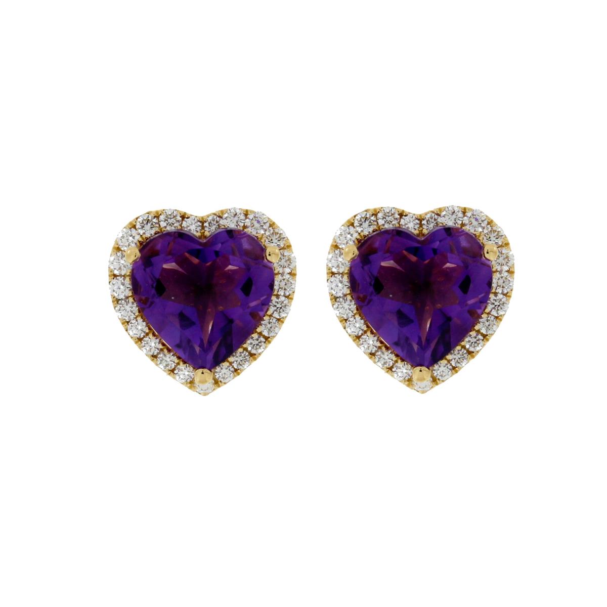 London Collection 18k Yellow Gold Diamond and Amethyst Heart Stud Earrings