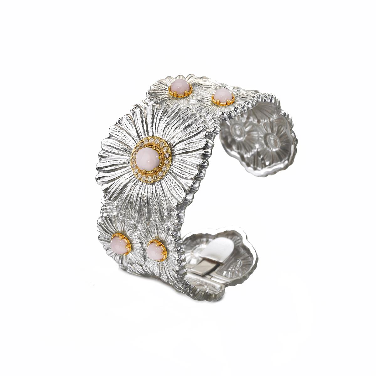 Buccellati Sterling Silver Pink Opal and Diamond Daisy Cuff Bracelet