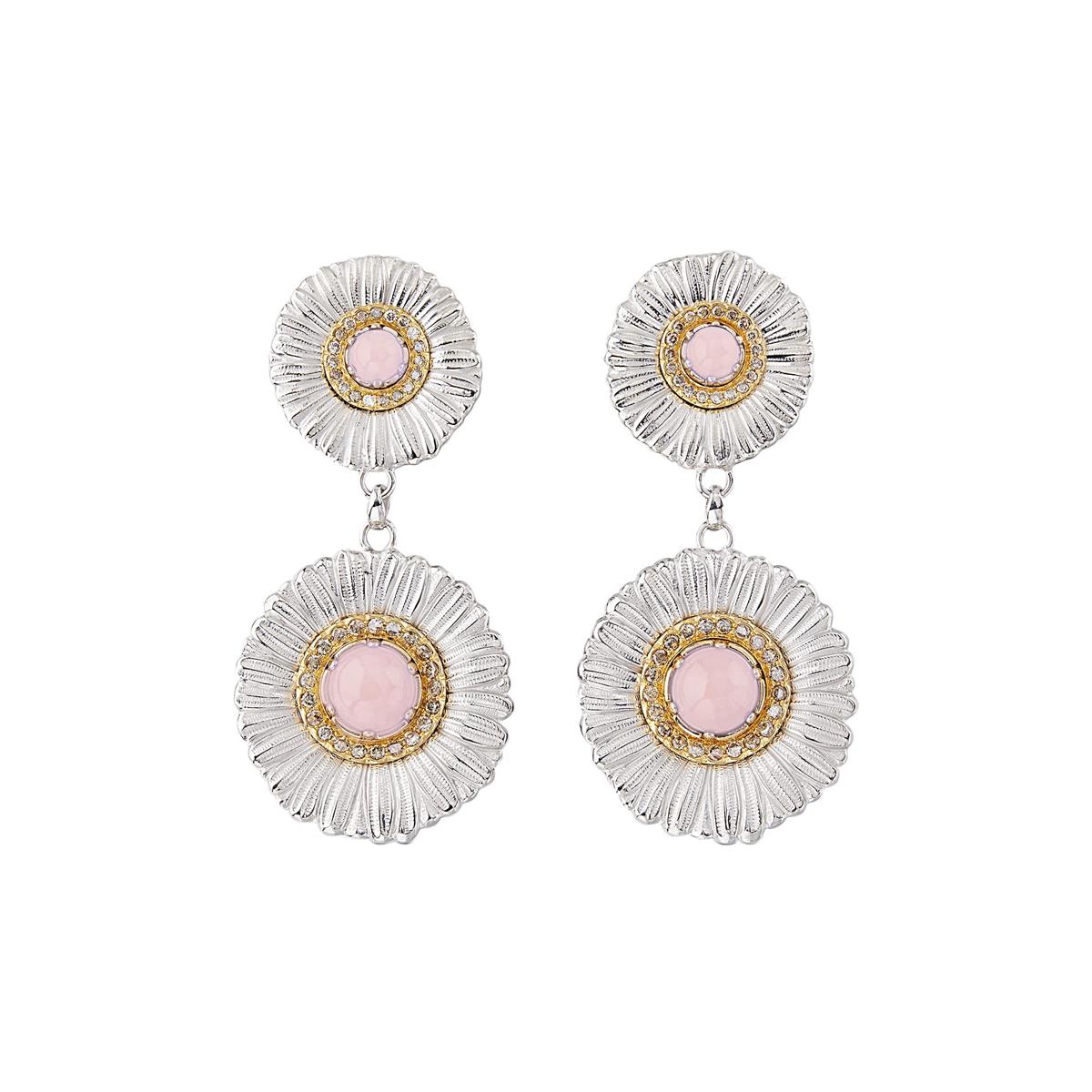 Buccellati Blossoms Sterling Silver Pink Opal and Diamond Double Daisy Drop Earrings