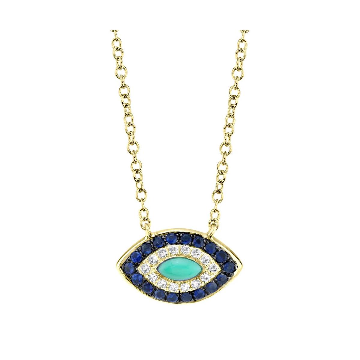 London Collection 14k Yellow Gold Sapphire Diamond and Turquoise Eye Pendant Necklace