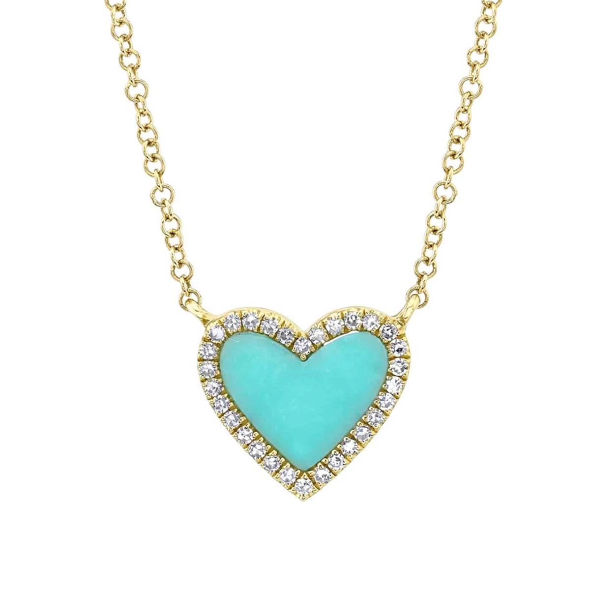 London Collection 14k Yellow Gold Diamond and Turquoise Heart Necklace 