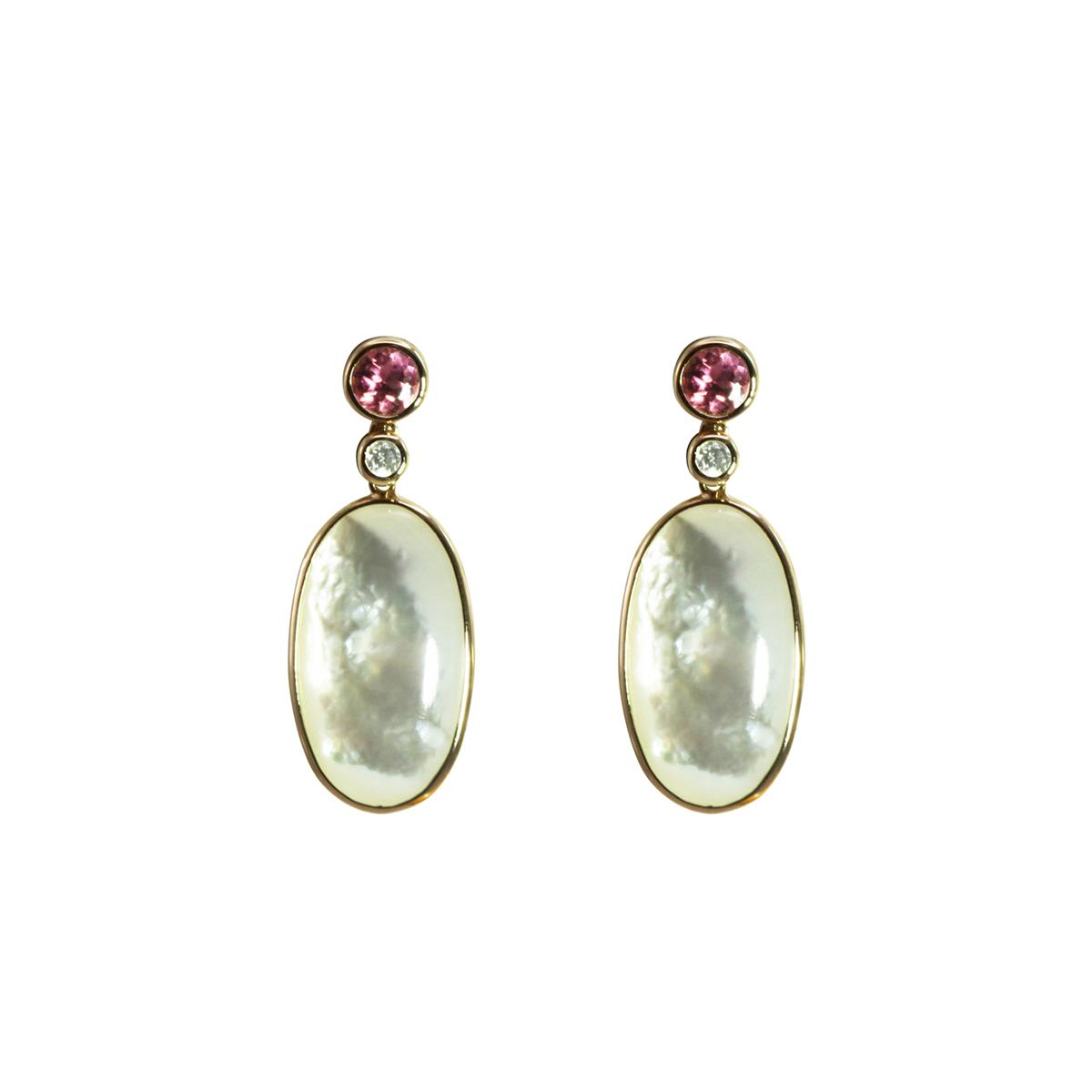 Olivia B 14k Yellow Gold Mother of Pearl, Pink Tourmaline and Diamond Drop Earrings