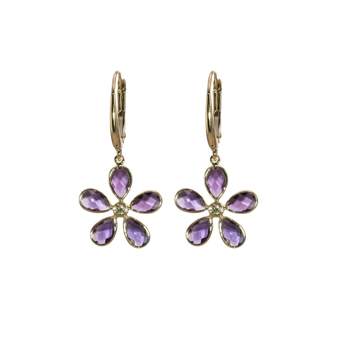 Olivia B 14k Yellow Gold Amethyst and Diamond Flower Drop Earrings