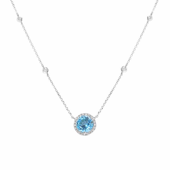 London Collection 14k White Gold Blue Topaz and Diamond Halo Necklace