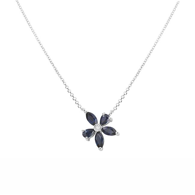 London Collection 14k White Gold Diamond and Blue Sapphire Flower Necklace