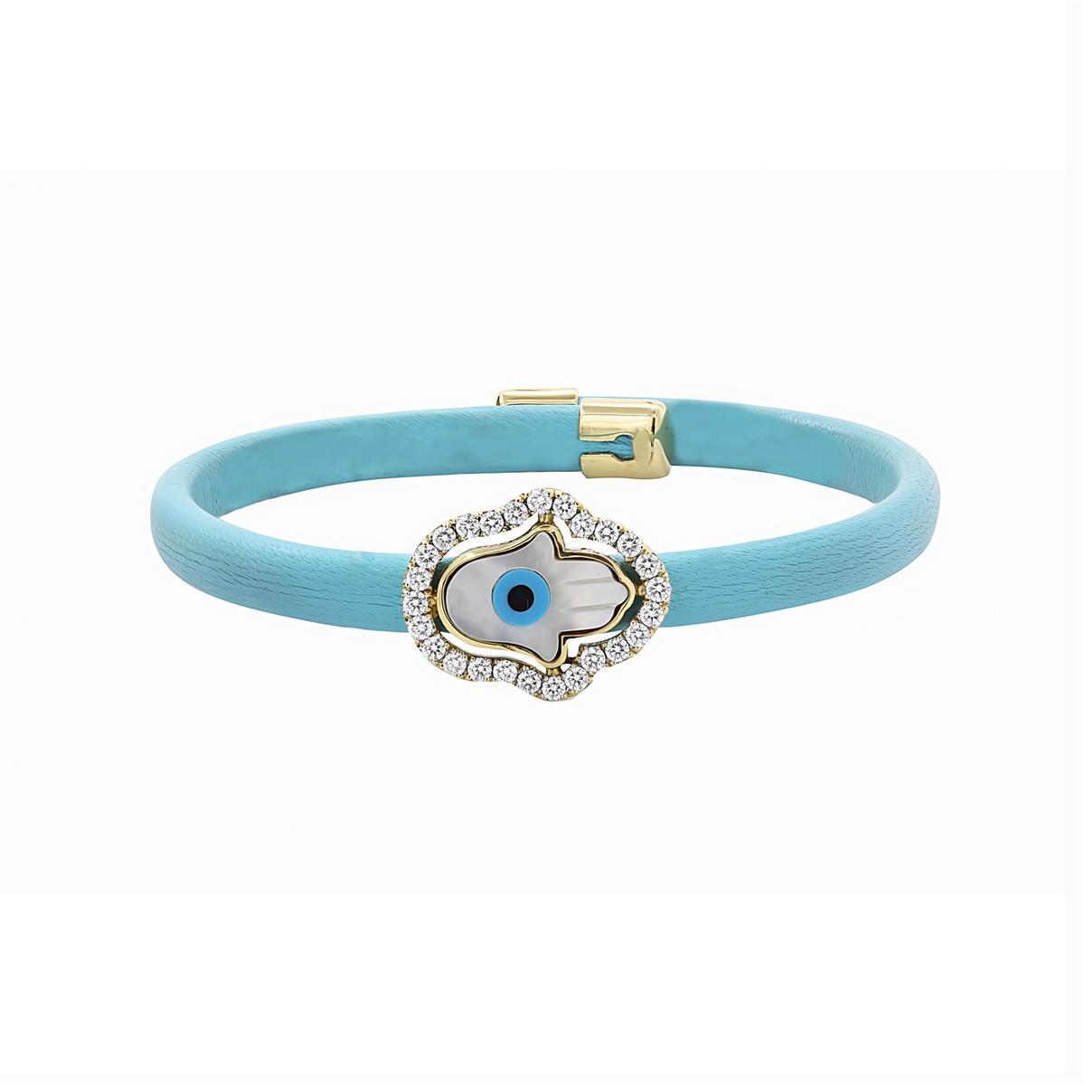 London Collection 18k Yellow Gold Blue Leather Mother of Pearl and Diamond Hamsa Cuff Bracelet