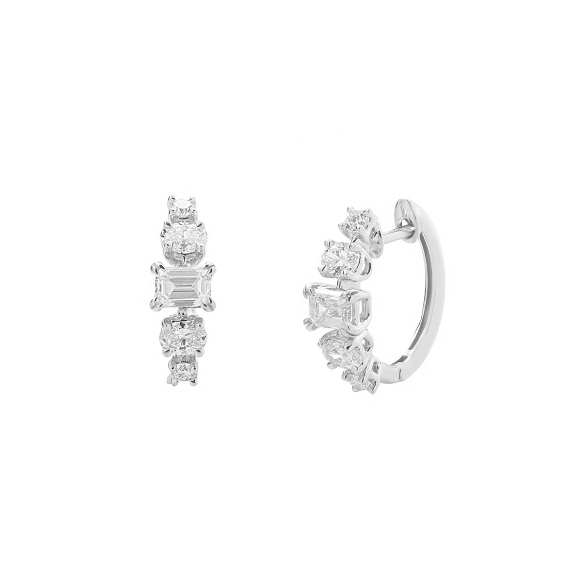 London Collection 18k White Gold Emerald Cut and Mixed Shape Diamond Huggie Hoop Earrings