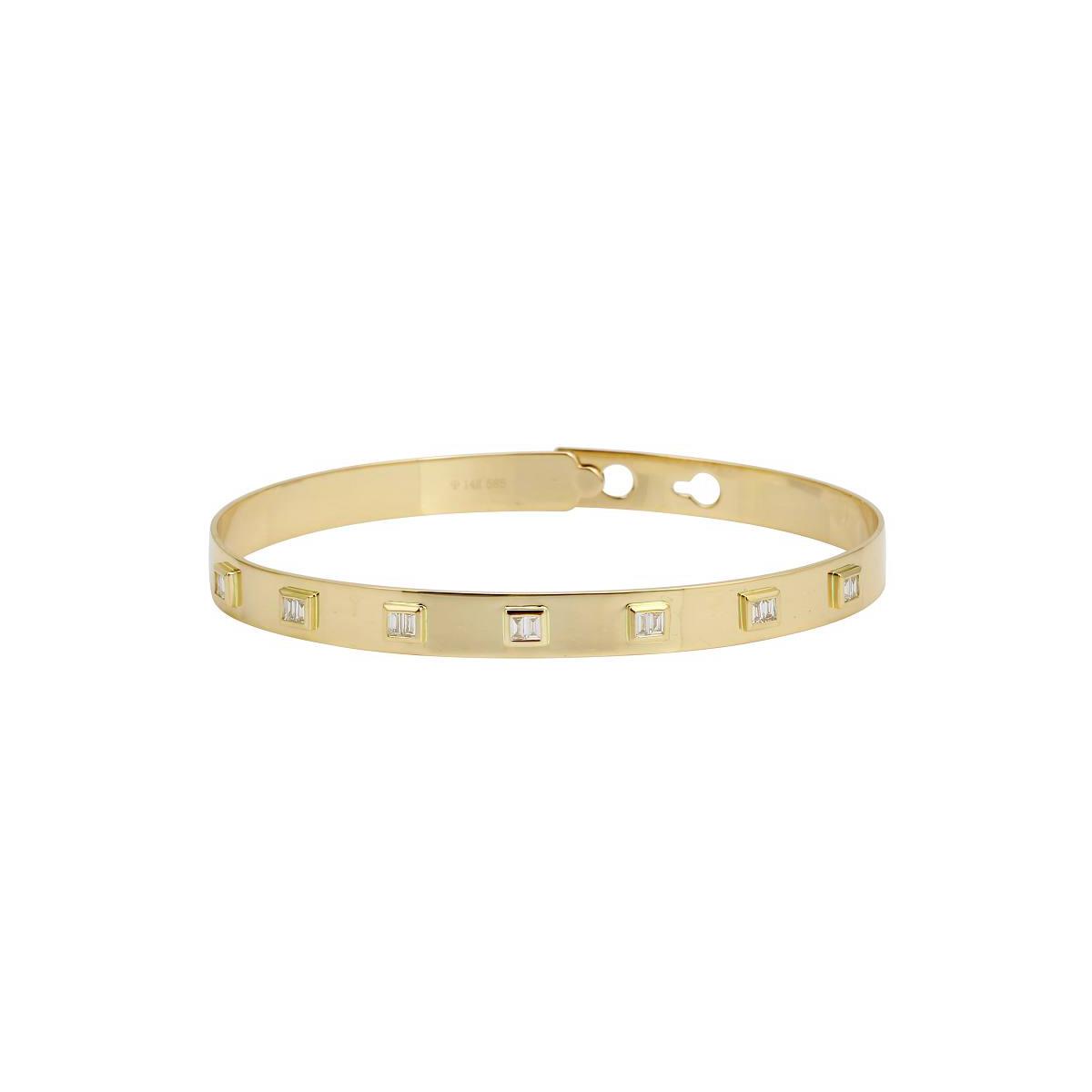 London Collection 14k Yellow Gold Bezel Set Baguette Diamond Latch Lock Bangle Bracelet