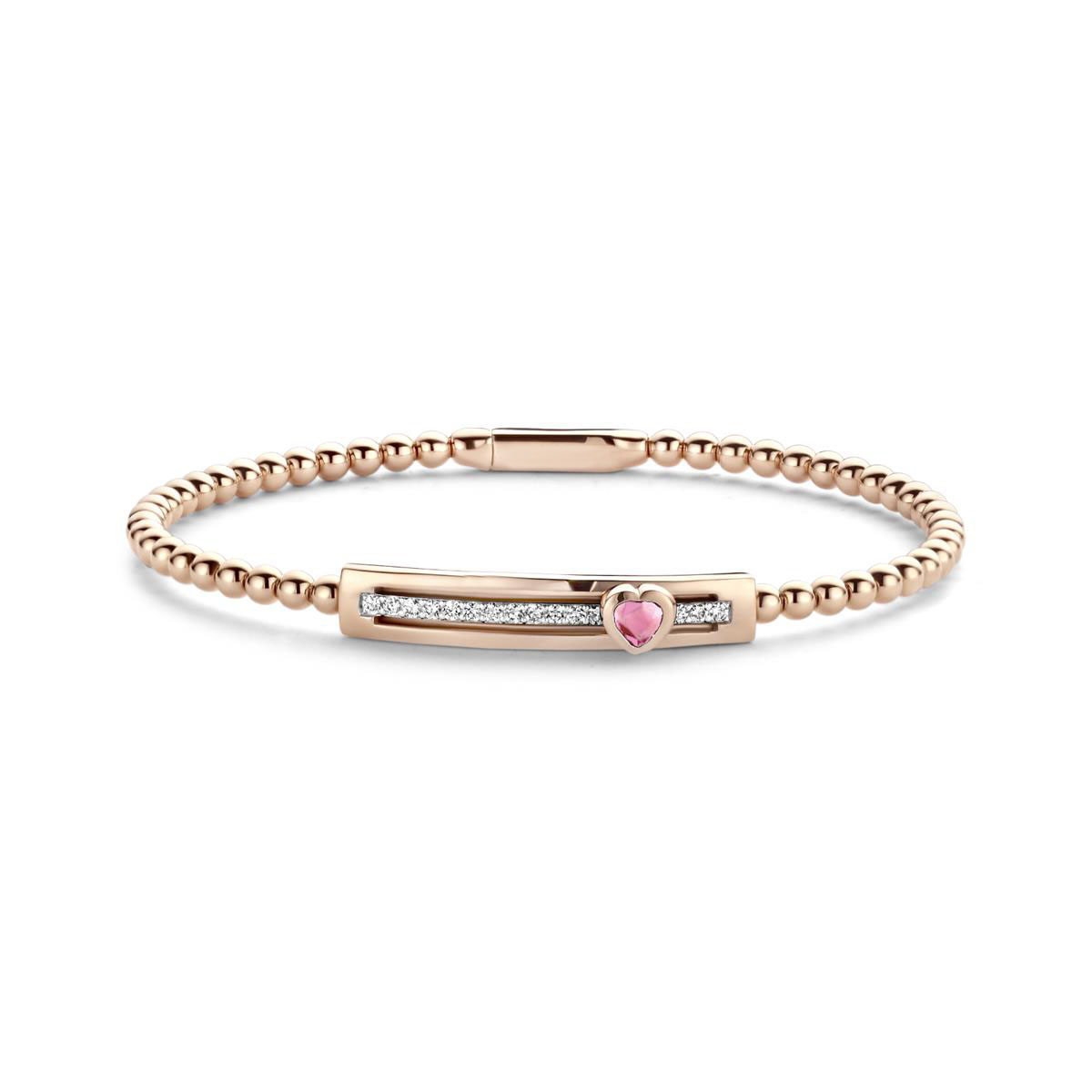 London Collection 18k Rose Gold Pave Diamond and Pink Sapphire Heart Slider Beaded Bracelet