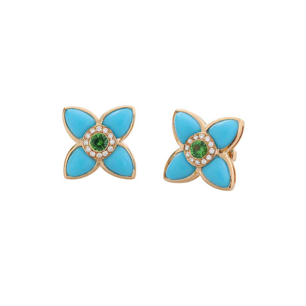 London Collection Rose Gold Diamond Tsavorite and Turquoise Flower Stud Earrings