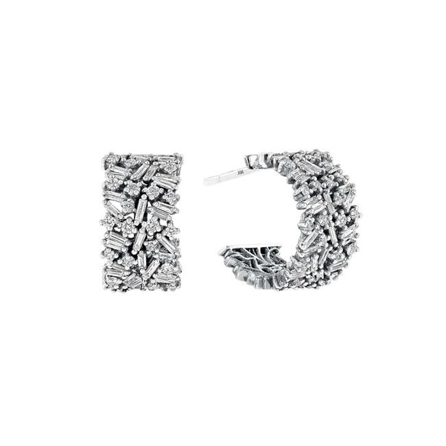 Suzanne Kalan 18k White Gold Diamond Fireworks 12mm Huggie Earrings