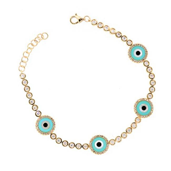 London Jewelers 14k Yellow Gold Round Diamond and Turquoise Evil Eye Bracelet 