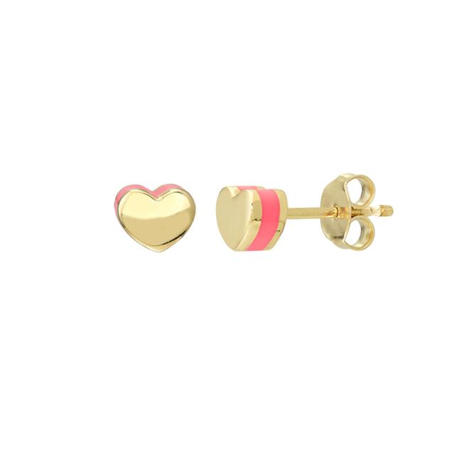 London Collection 14k Yellow Gold Pink Enamel Heart Stud Earrings