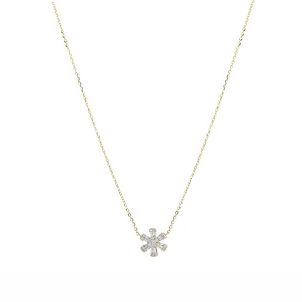 London Collection 14k Yellow Gold Baguette Diamond Flower Pendant Necklace