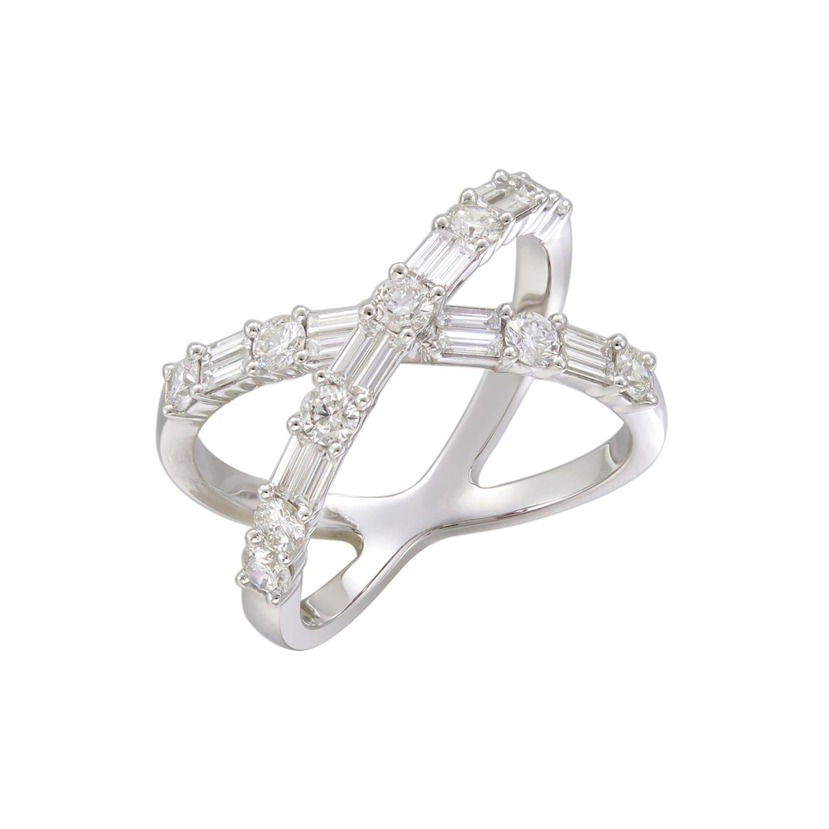 London Collection 18k White Gold Baguette and Round Diamond "X" Ring