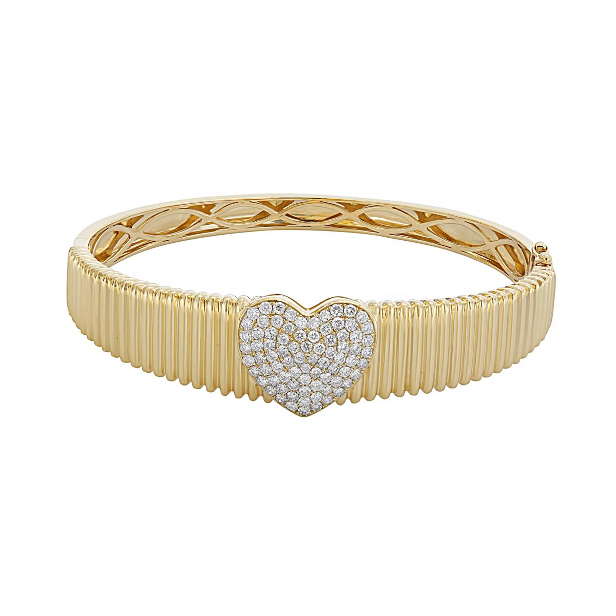 London Collection 14k Yellow Gold Pave Diamond Heart Ribbed Bangle Bracelet