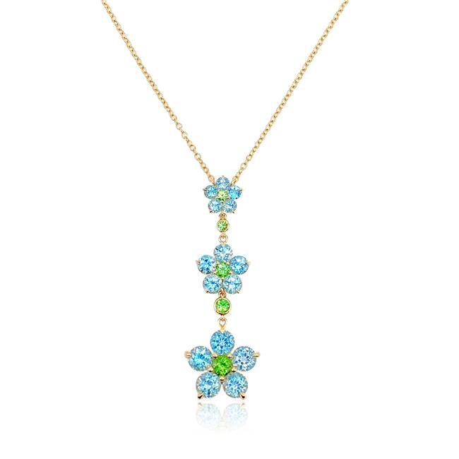 Jane Taylor 14k Yellow Gold Blue Topaz And Tsavorite Triple Drop Floral Necklace