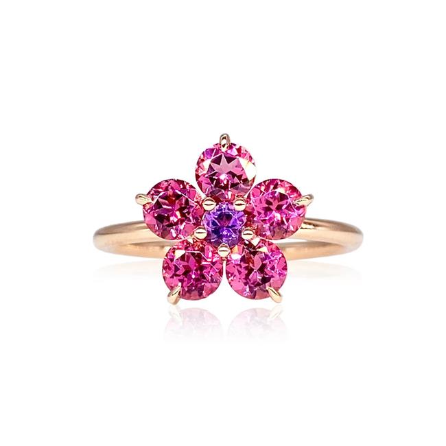 Jane Taylor 14k Rose Gold Pink Tourmaline And Amethyst Round Floral Stack Ring