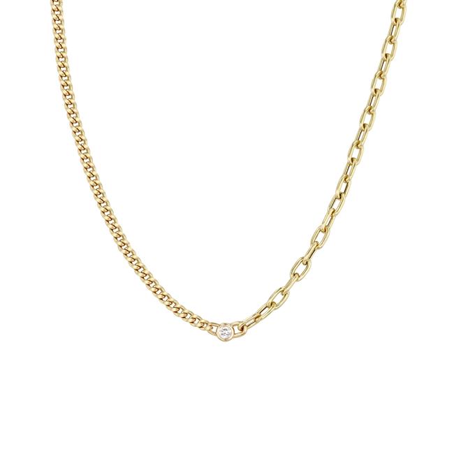 Zoe Chicco 14k Yellow Gold  Half Curb Chain Half Square Oval Link Diamond Necklace