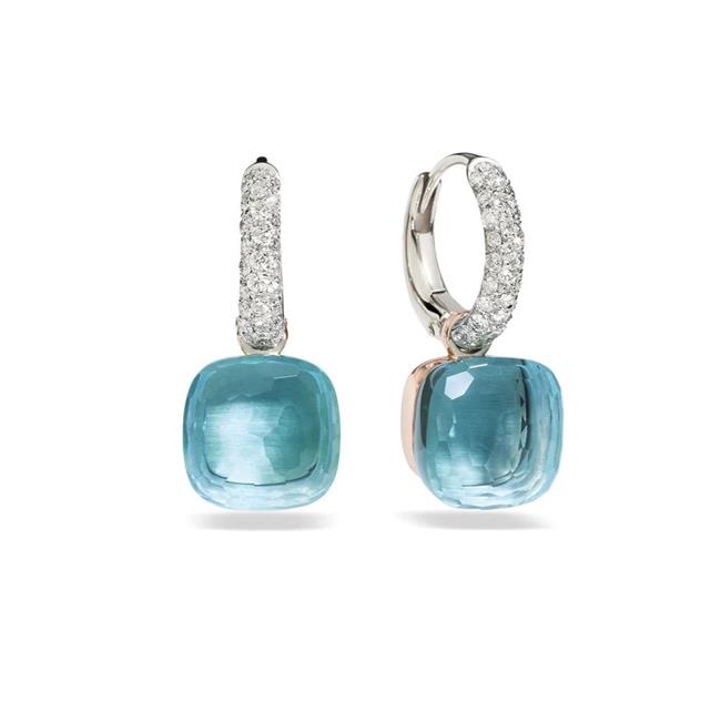 Pomellato Nudo 18k White and Rose Gold Blue Topaz Diamond Drop Earrings