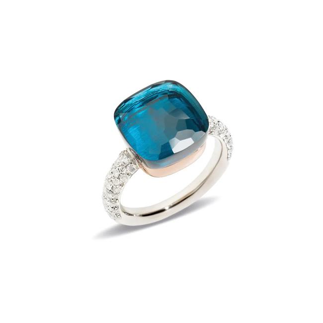 Pomellato Nudo Maxi 18k Rose and White Gold London Blue Topaz Diamond Ring