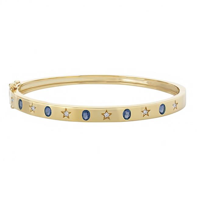 London Collection 14k Yellow Gold Diamond Star And Blue Sapphire Station Bangle Bracelet