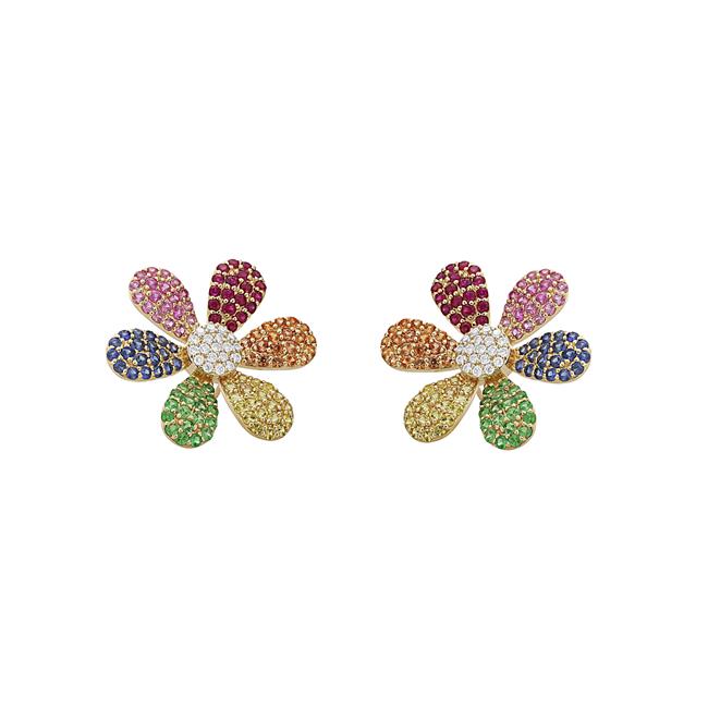 London Collection 14k Yellow Gold Diamond And Rainbow Gemstone Flower Earrings