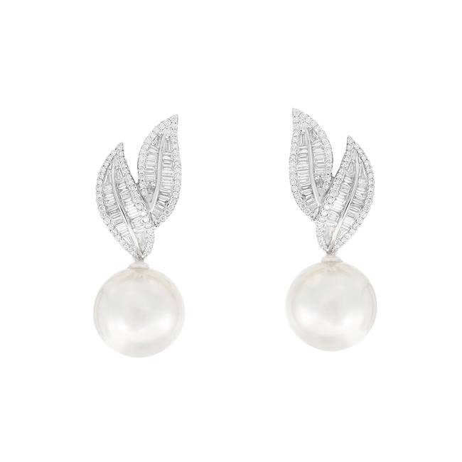 London Collection 18k White Gold Diamond And South Sea Pearl Leaf Earrings