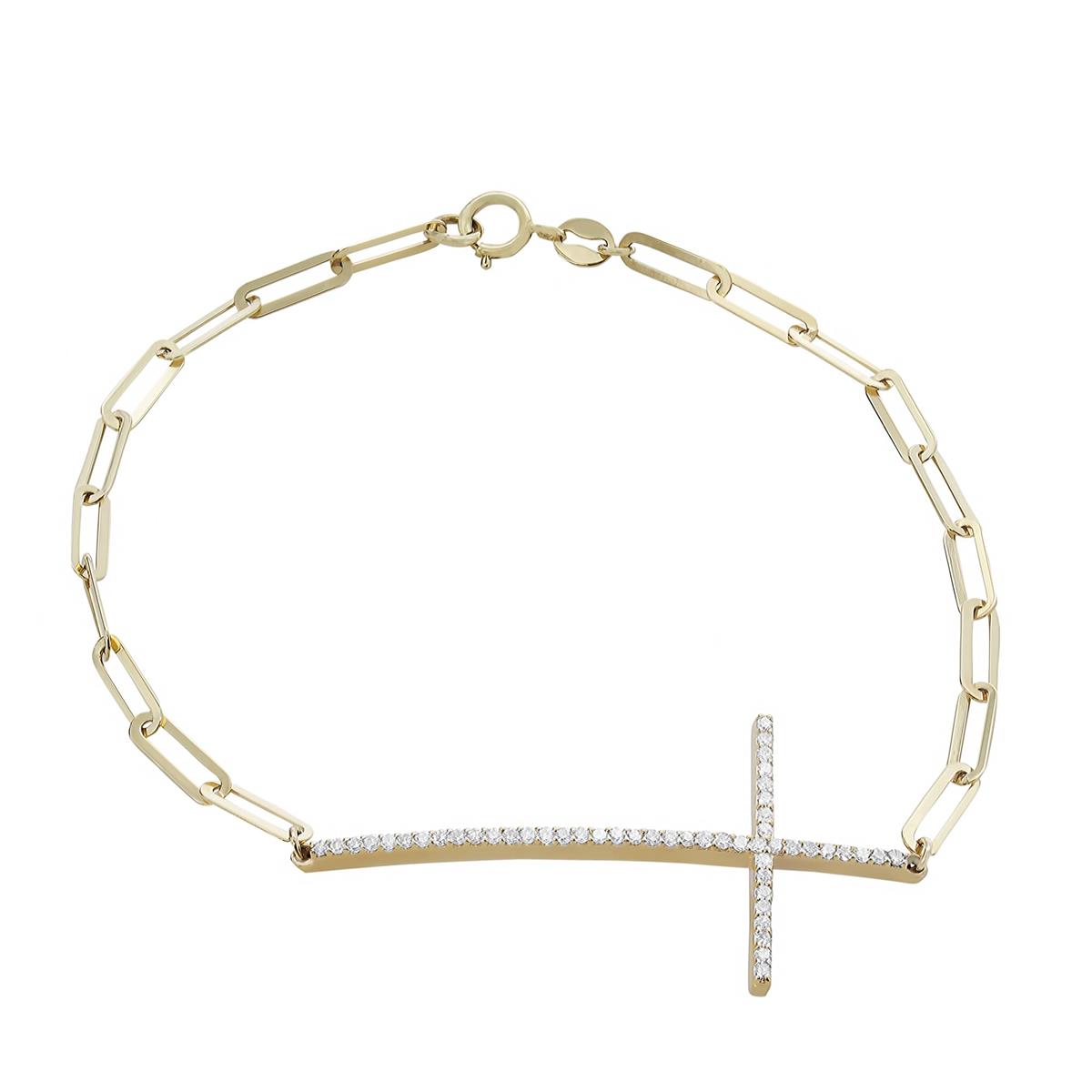 London Collection 14k Yellow Gold Diamond Cross Paperclip Chain Bracelet