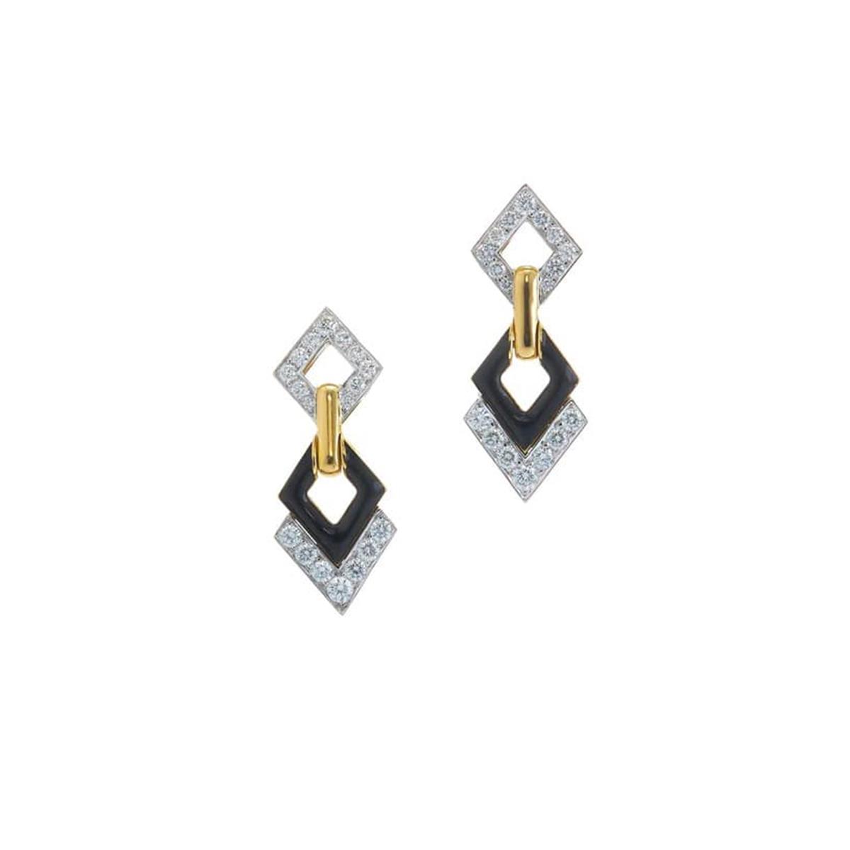 David Webb Motif 18k and Enamel Double Diamond Drop Earrings