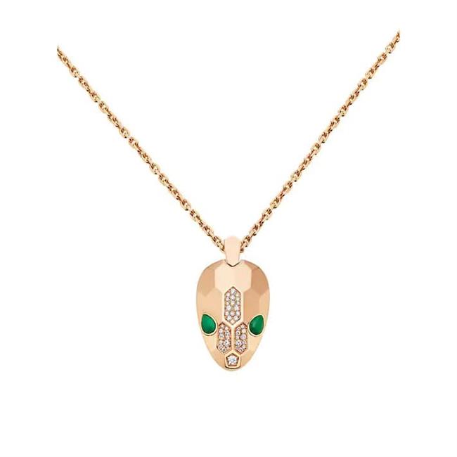 Bvlgari Serpenti 18k Rose Gold Diamond and Malachite Snake Necklace