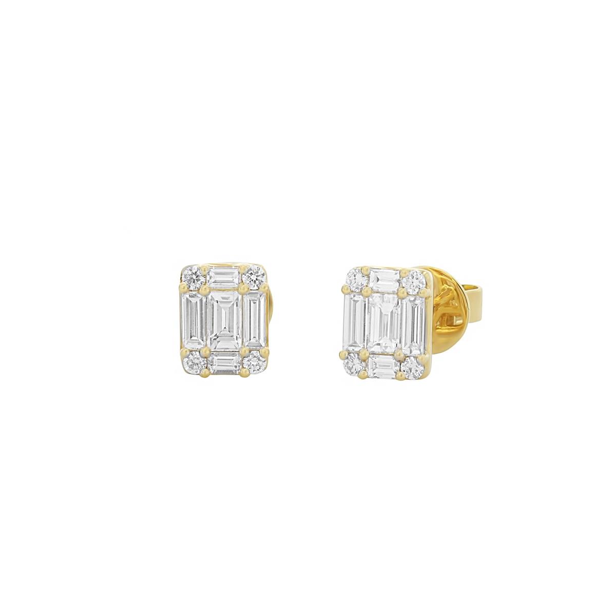 London Collection Yellow Gold Baguette and Round Diamond Stud Earrings