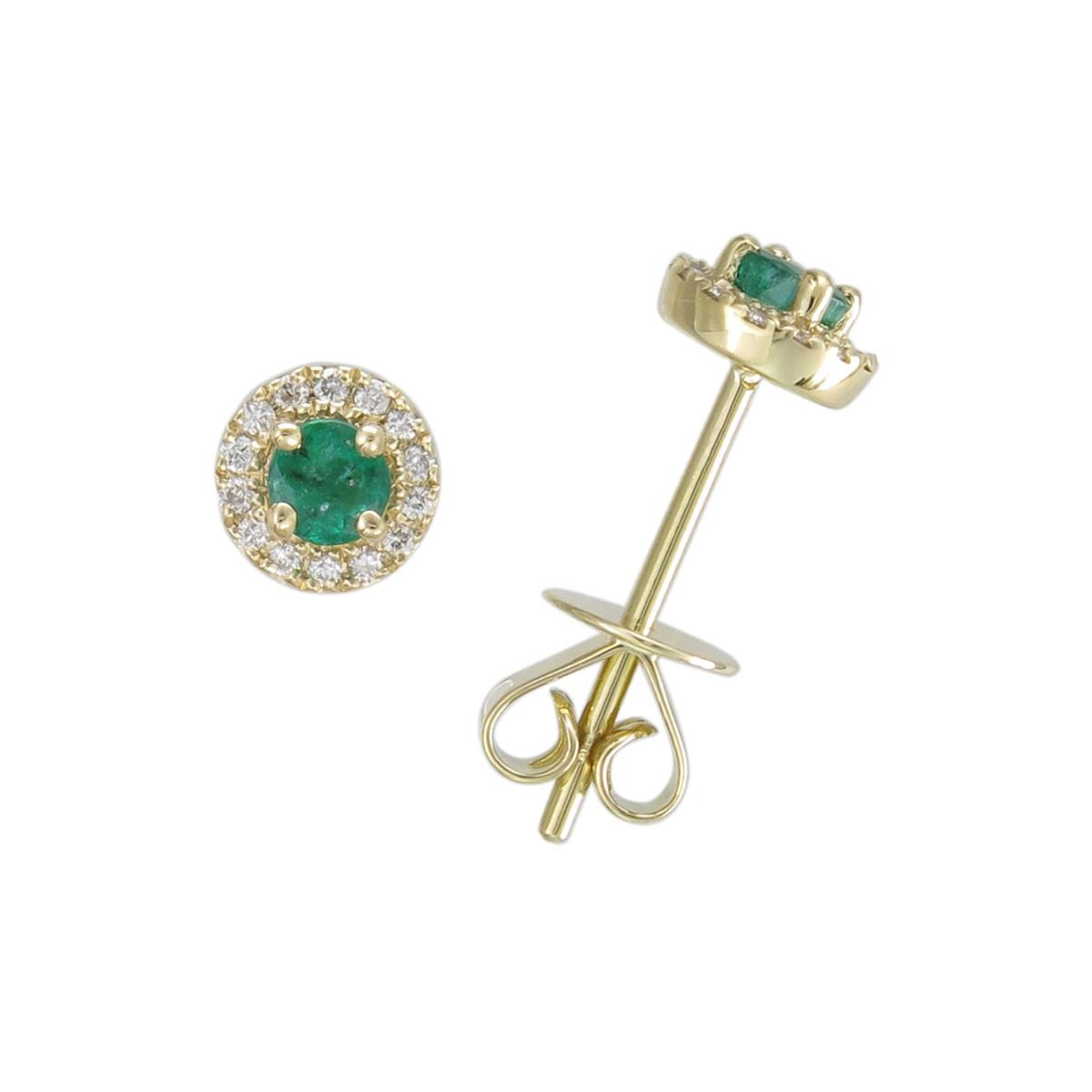 London Collection 18k Yellow Gold Round Pave Diamond and Emerald Stud Earrings