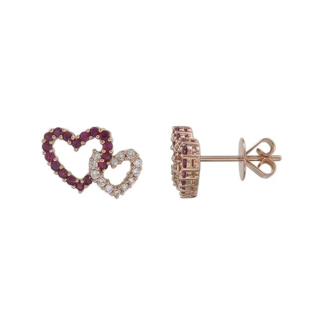 London Collection 18k Rose Gold Double Heart Diamond and Ruby Earrings