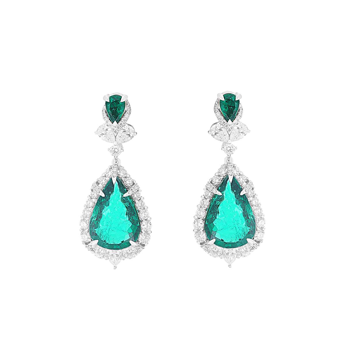 London Collection 18k Pear Shape Emerald and Diamond Earrings