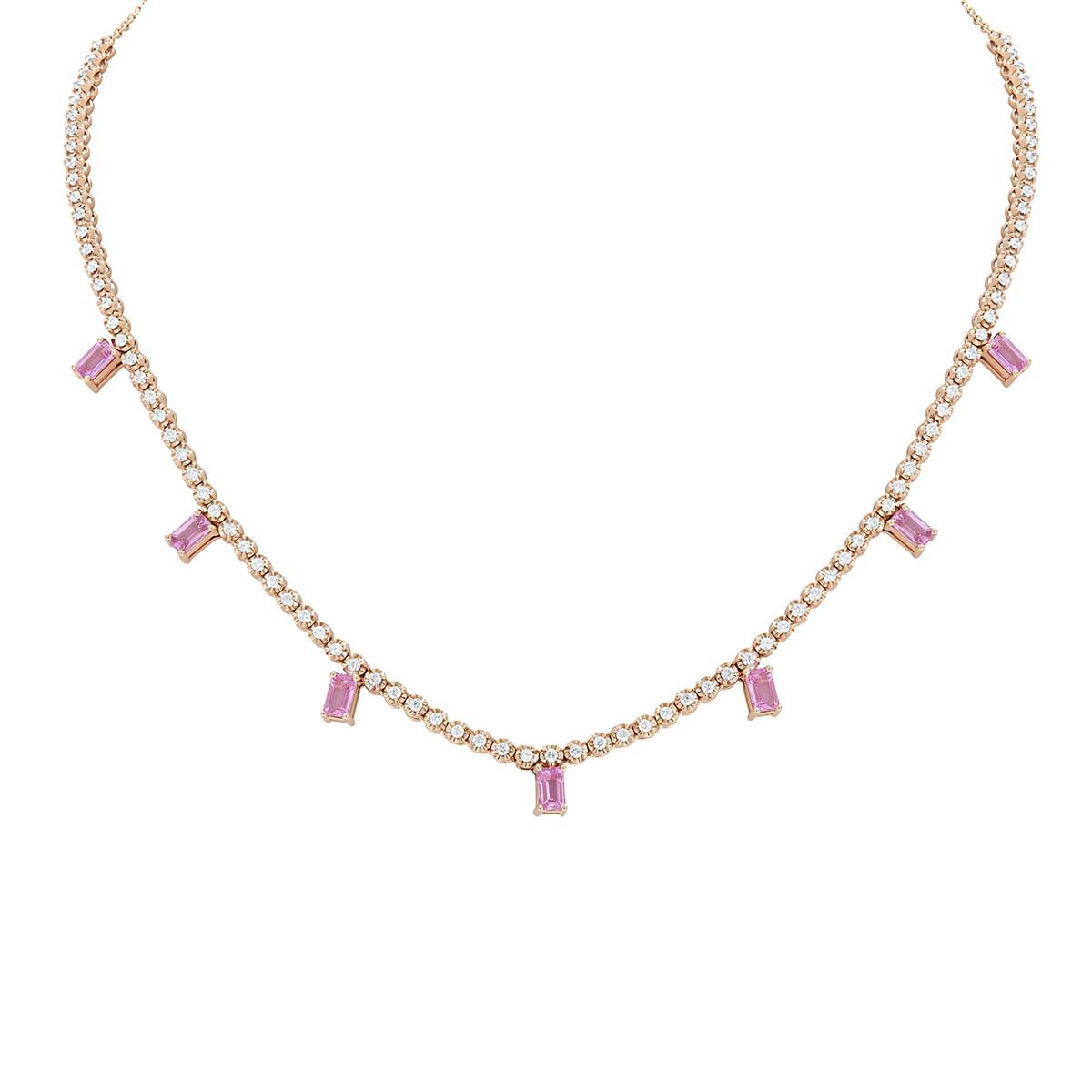 London Collection 18k Rose Gold Diamond and Emerald Cut Pink Sapphire Dangle Necklace