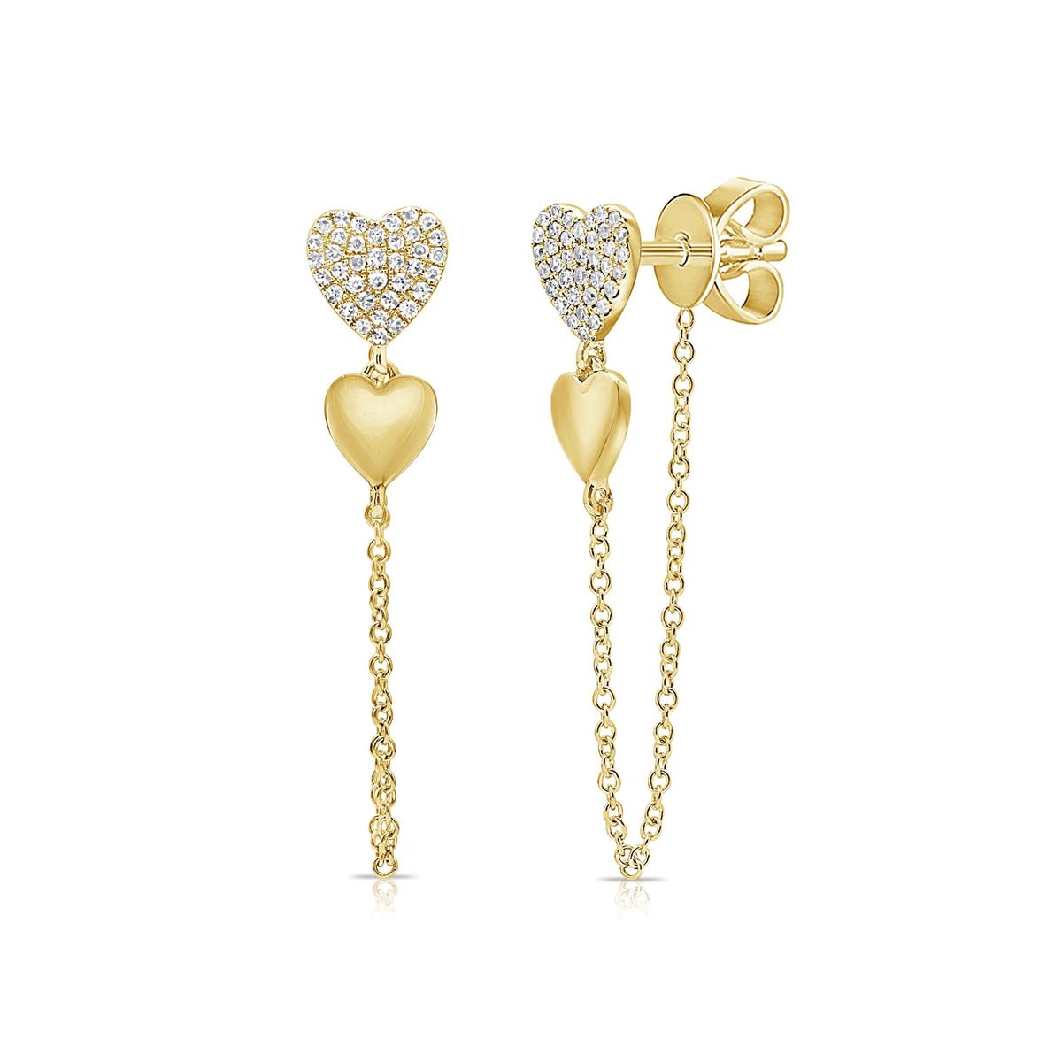 London Collection 14k Yellow Gold Pave Diamond Double Heart Chain Earrings