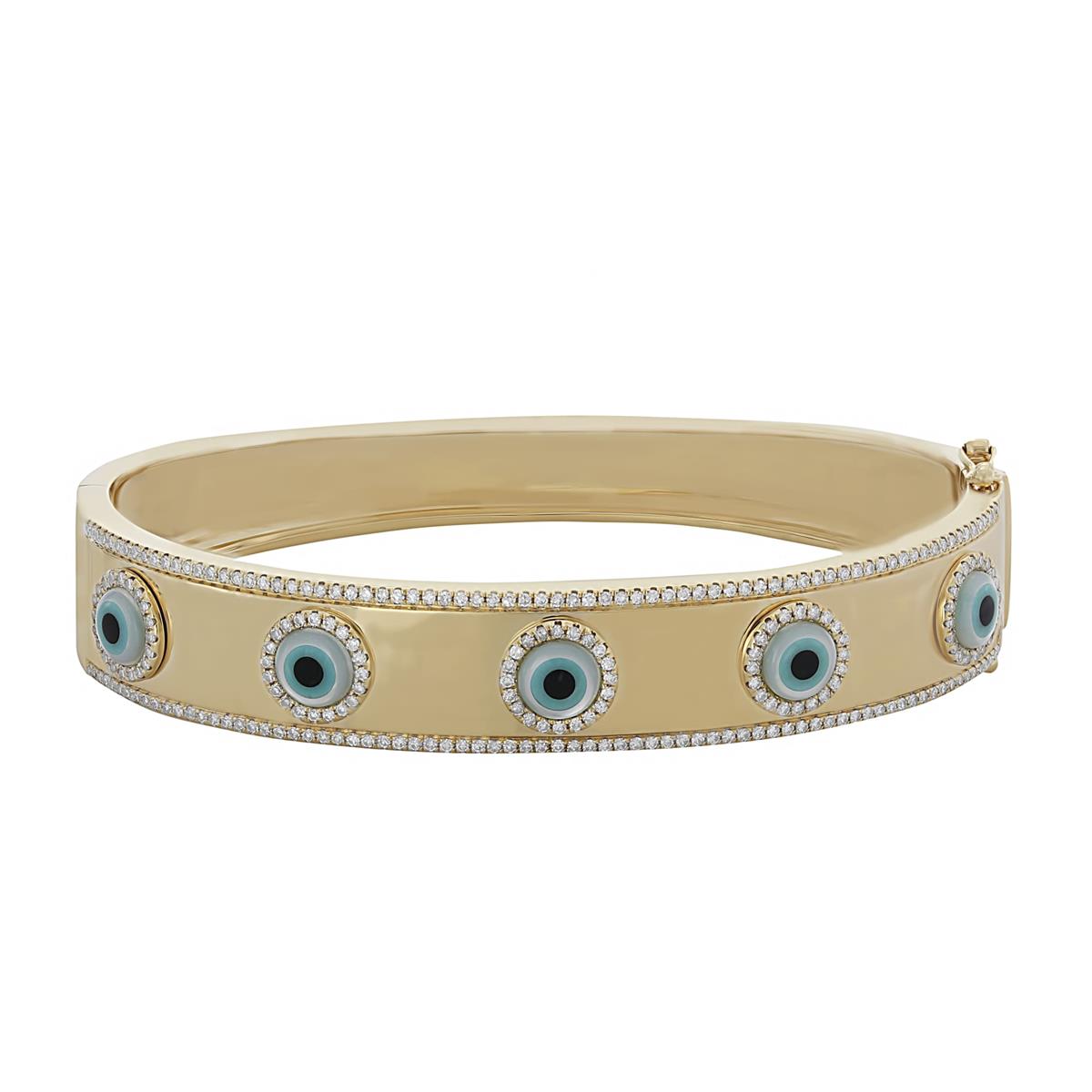 London Collection 14k Yellow Gold and Diamond Evil Eye Bangle Station Bracelet