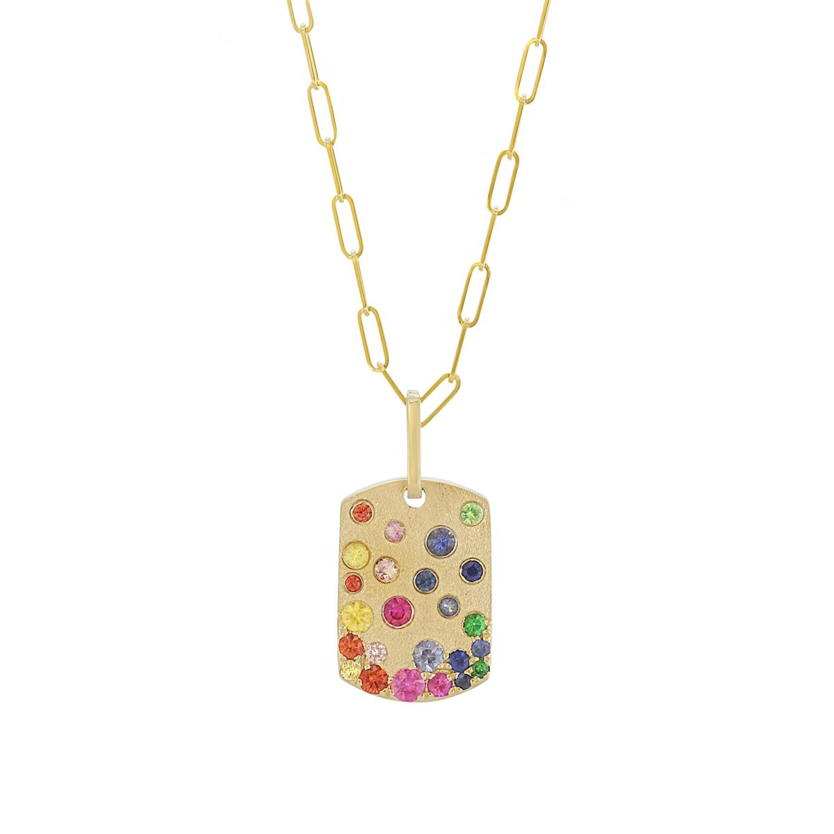 London Collection Confetti 14k Yellow Gold Rainbow Sapphire Small Dog Tag Pendant Necklace