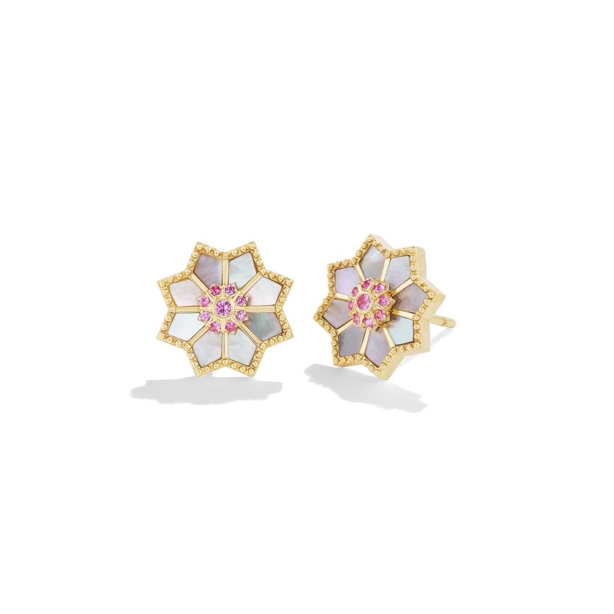 Orly Marcel Fez 18k Mother of Pearl and Pink Sapphire Stud Earrings