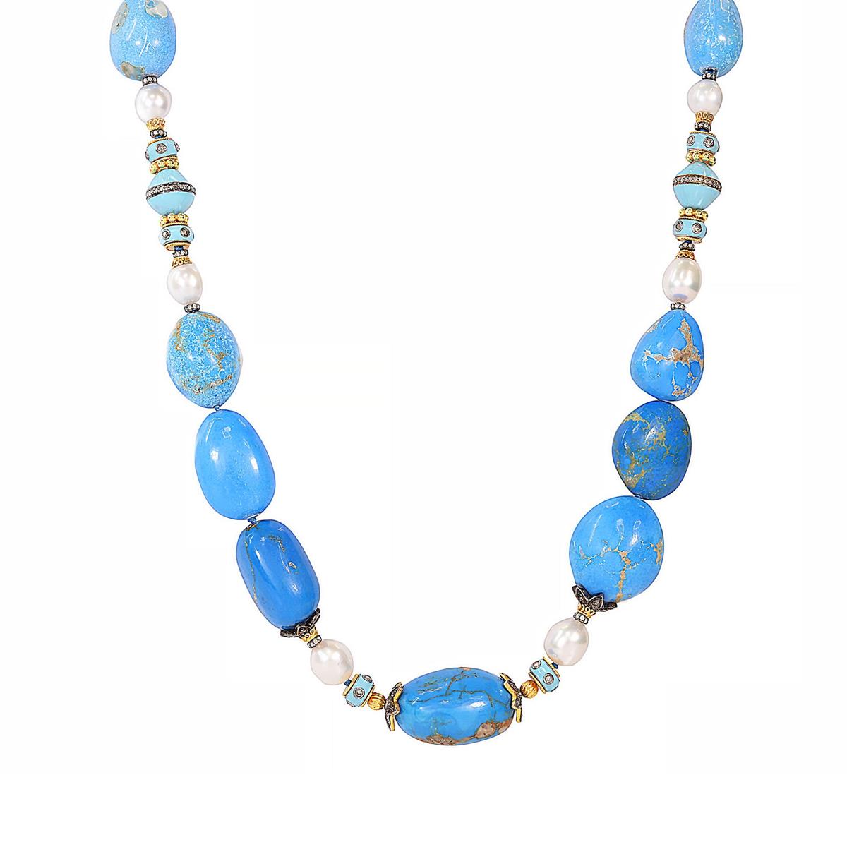 Verdura 18k Yellow Gold Pearl Diamond Turquoise and Cerulite Bead Necklace