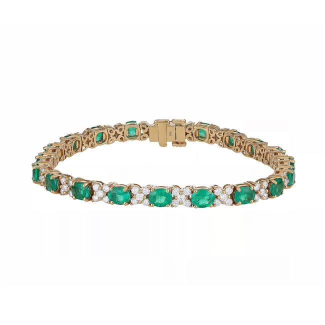 London Collection 18k Yellow Gold Diamond Flower And Emerald Alternating Bracelet