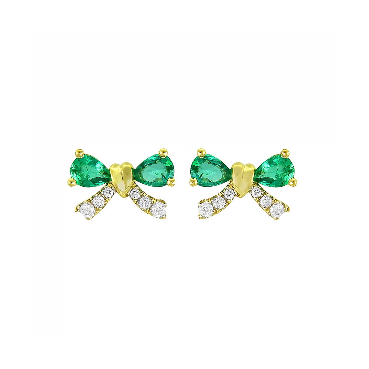 London Collection Yellow Gold Emerald and Diamond Bow Earrings